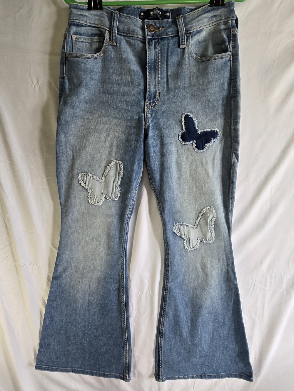 Hollister Light Blue Denim Flare Jeans with Butterfly Appliqués SIZE 10s